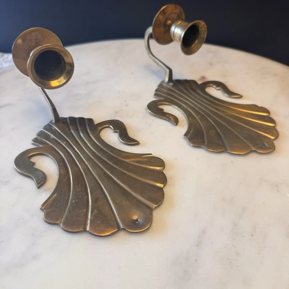 Pair Of Vintage Solid Brass Scalloped Shell Wall Sconce Candle Holders